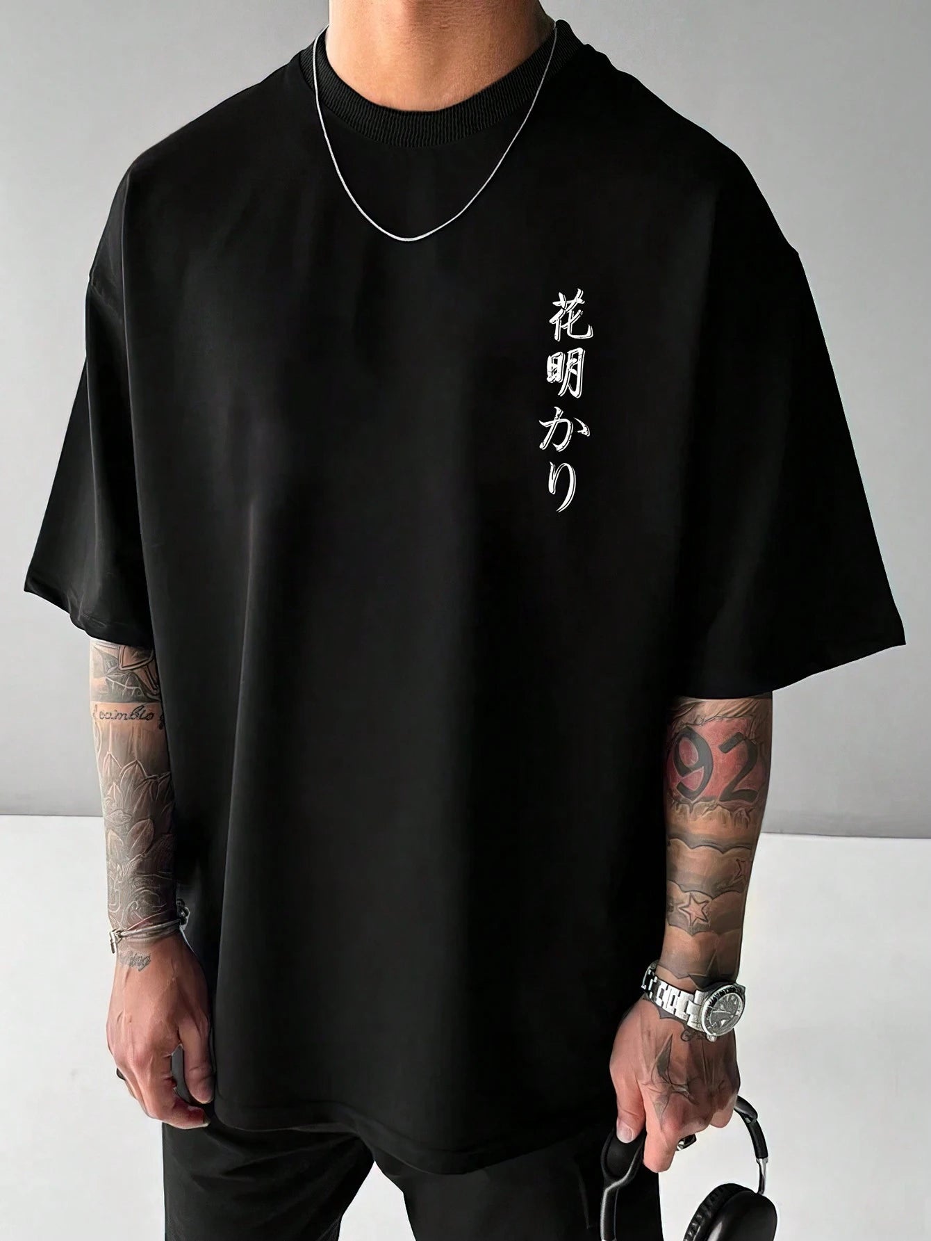 Men'S Casual Japanese Sakura Floral Print Loose Fit Black T-Shirt