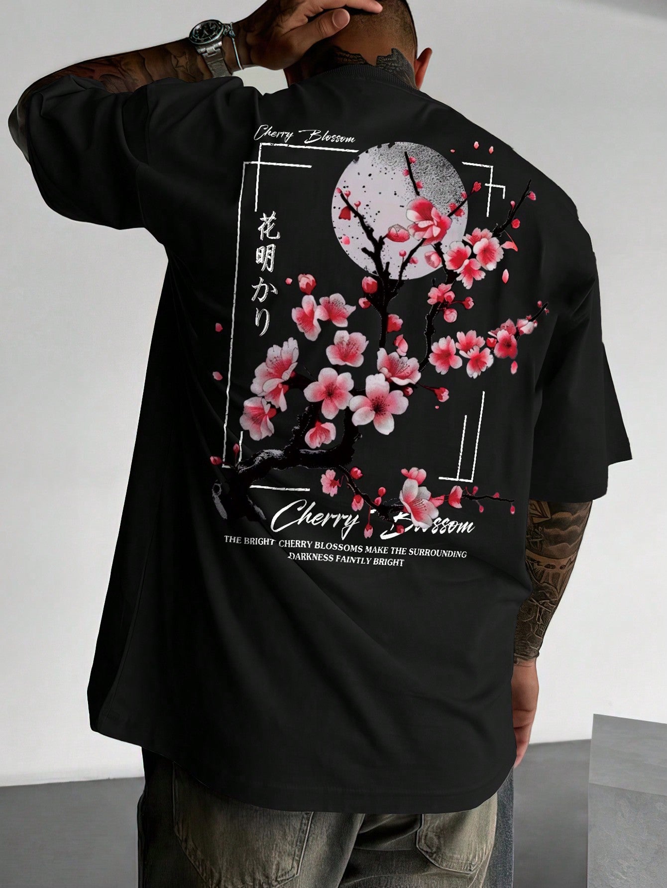 Men'S Casual Japanese Sakura Floral Print Loose Fit Black T-Shirt